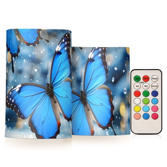 Butterflies Fly on Water Flickering Flameless LED Candles set of 2 Battery Operated 18-Key Remotes Timer Halloween Fall Decor D3''xH4''5''