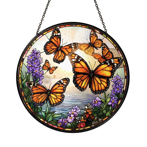 Butterflies Flying Above Lake Round Stained Glass Effect Suncatcher, Serene Window Decor