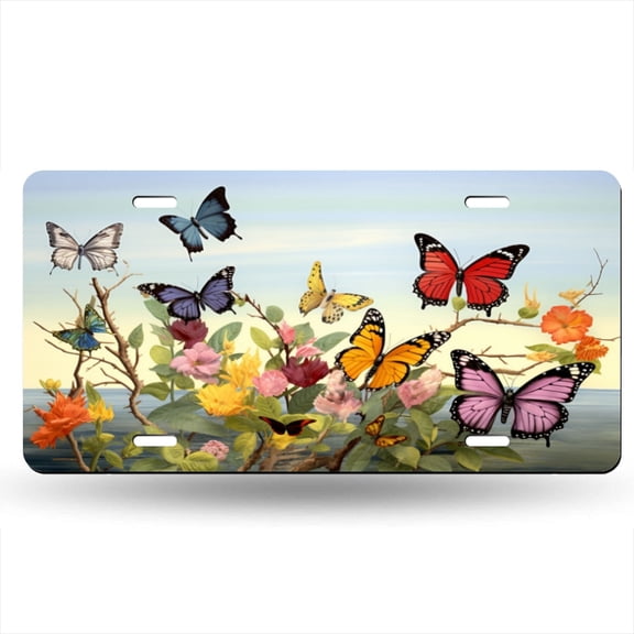 Butterflies Flying In The Sky Above Flowers And Branches Decorative Signboard, Decorative Metal Plate with 4 Holes, 6x12inch Artistic Plate Frame