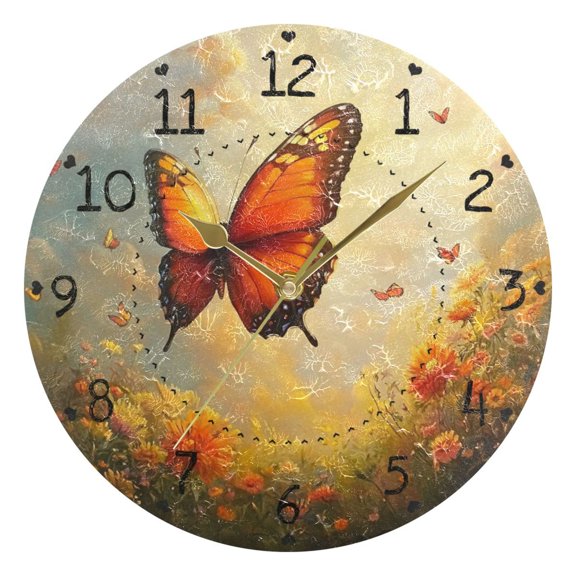 Butterflies Flying in Floral Field Round Wall Clock Silent Analog Battery Operated Gold Pointer Home Decor 9.84" Diameter