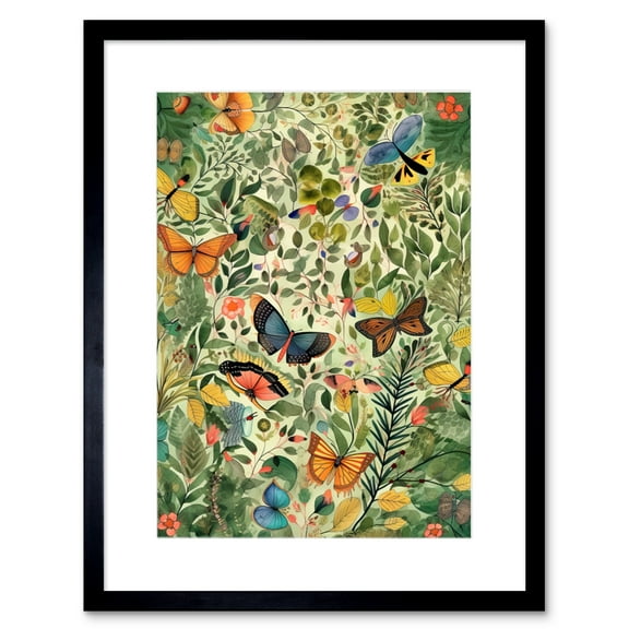 Butterflies Flying in Spring Field Modern Folk Art Artwork Framed Wall Art Print 9X7 Inch