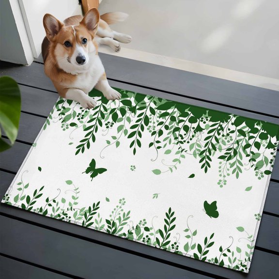 Butterflies Front Door Rugs 2x3 ft Spring Green Butterfly Falling Leaf Plant Silhouette Small Rug for Entryway Non Slip Washable Bathroom Door Mat Absorbent Floor Mat for Indoor Entrance