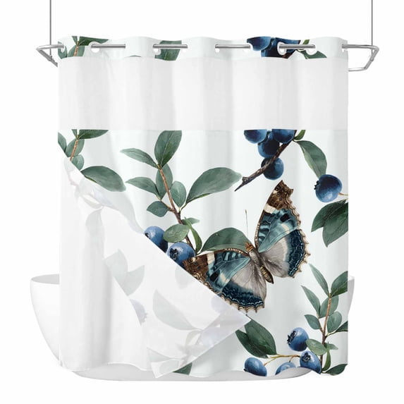 Butterflies Fruit No Hooks Shower Curtain with Snap-in Liner Blueberries Green Leaves Branch Plant Shower Curtains for Bathroom, Waterproof, Easy Install, Washable 72"x72"