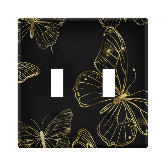 Butterflies Golden Outline Light Switch Plate Covers 2 Gang Wall Plate Plastics Outlet Covers for Kitchen Home Office Decor