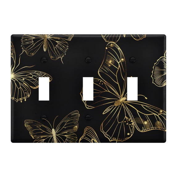 Butterflies Golden Outline Light Switch Plate Covers 3 Gang Wall Plate Plastics Outlet Covers for Kitchen Home Office Decor