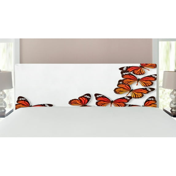 Butterflies Headboard, Monarch Butterfly Flying Frame Insect Exotic Weather, Upholstered Decorative Metal Bed Headboard with Memory Foam, King Size, Dark Brown Marigold, by Ambesonne