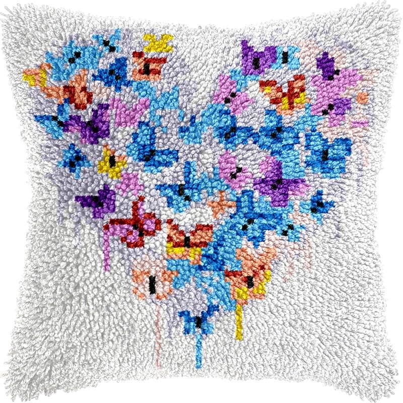Butterflies in Heart Shape Latch Hook Pillow Kits Pillow Cover Pattern Printed Canvas Crochet Cross Stich Hooking Pillowcase Cushion Crafts Embroidery Latch Hooking Crochet Kits Set 17x17 inch(3)