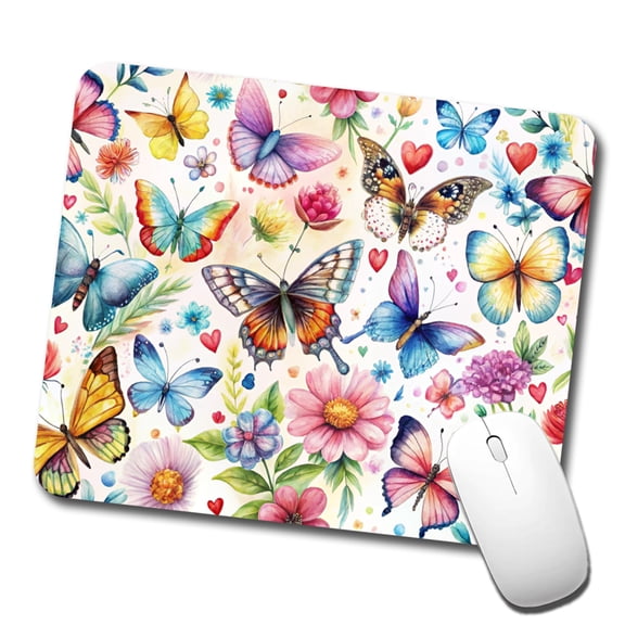 Butterflies Hearts Flowers Beautiful Watercolor Mouse Pad Low Profile Gaming Mat