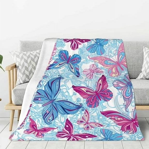 Butterflies In Blue And Pink Flannel Blanket For Bed & Couch Large Super Soft Throw Blanket For Travel Home Lightweight Warm Fleece Blanket 30" x 40"