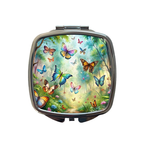 Butterflies In Forest Fantasy Watercolor Travel Makeup Handbag Purse Small Pocket Compact Mirror