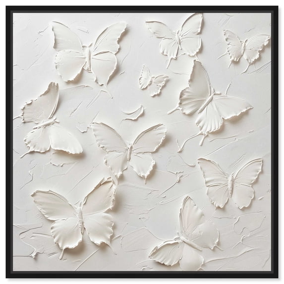 Butterflies In Ivory Canvas Elegant White Gold Wall Art by Art Remedy, Black Frame, 40" x 40"