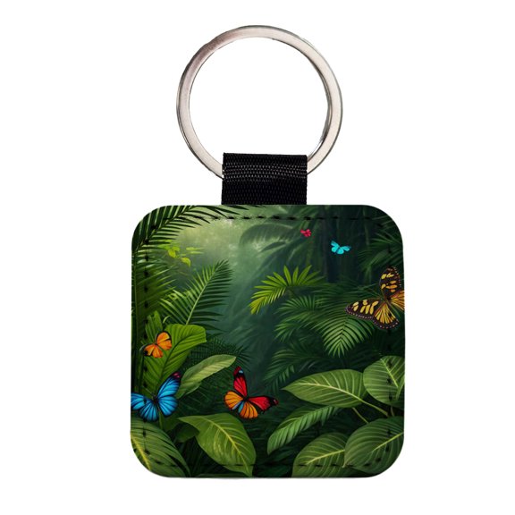 Butterflies In Jungle Colorful Faux Leather Square Keychain