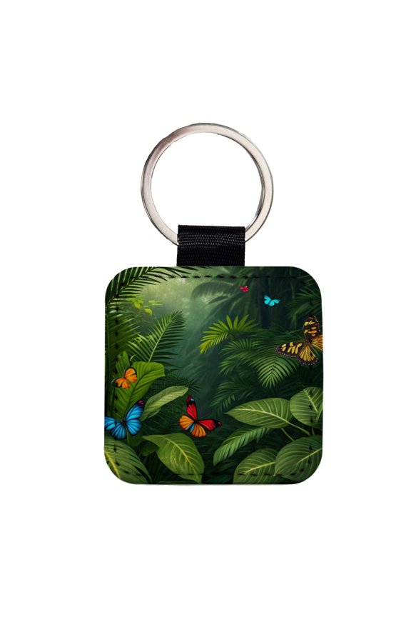 Butterflies In Jungle Colorful Faux Leather Square Keychain