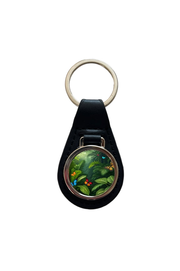 Butterflies In Jungle Colorful Metal Black Leather Keychain