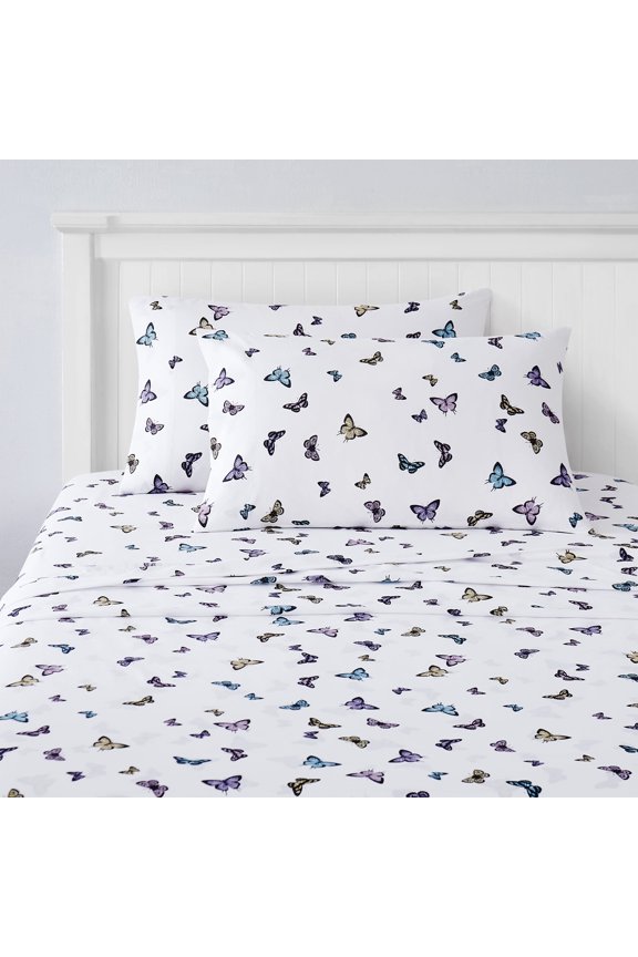 Kids Fun & Bright Printed Microfiber Sheet Sets, Ultra Soft Fitted Sheets with Straps - Butterflies, Full Size