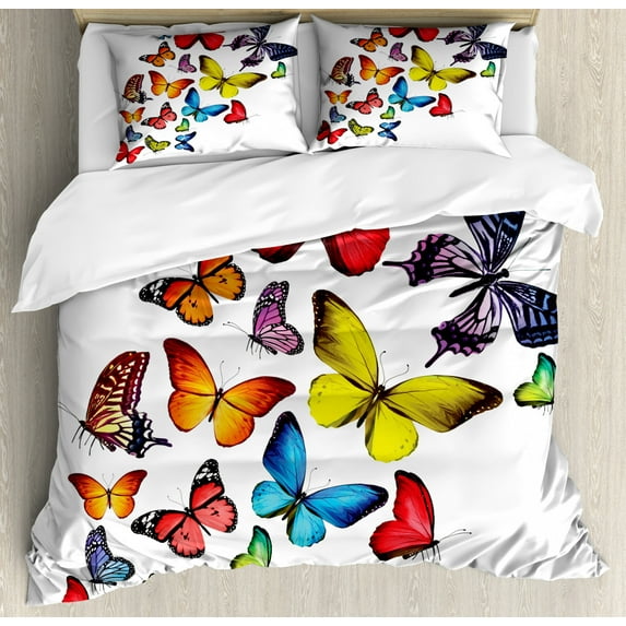 Butterflies King Size Duvet Cover Set, Many Different Butterflies Romance Togetherness Joy Wildflowers Hiking Trees, Decorative 3 Piece Bedding Set with 2 Pillow Shams, Multicolor, by Ambesonne