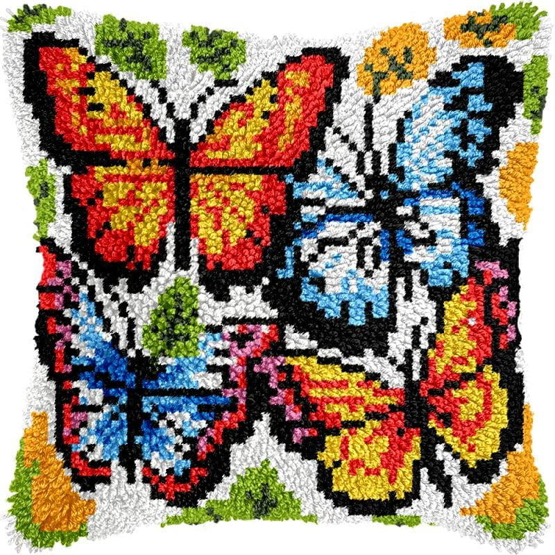 Butterflies Latch Hook Pillow Kits Cushion Pillowcase with Pattern Printed Canvas Sofa Hooking Pillows Crafts Embroidery Latch Hooking Crochet Kits 17x17 inch(73)