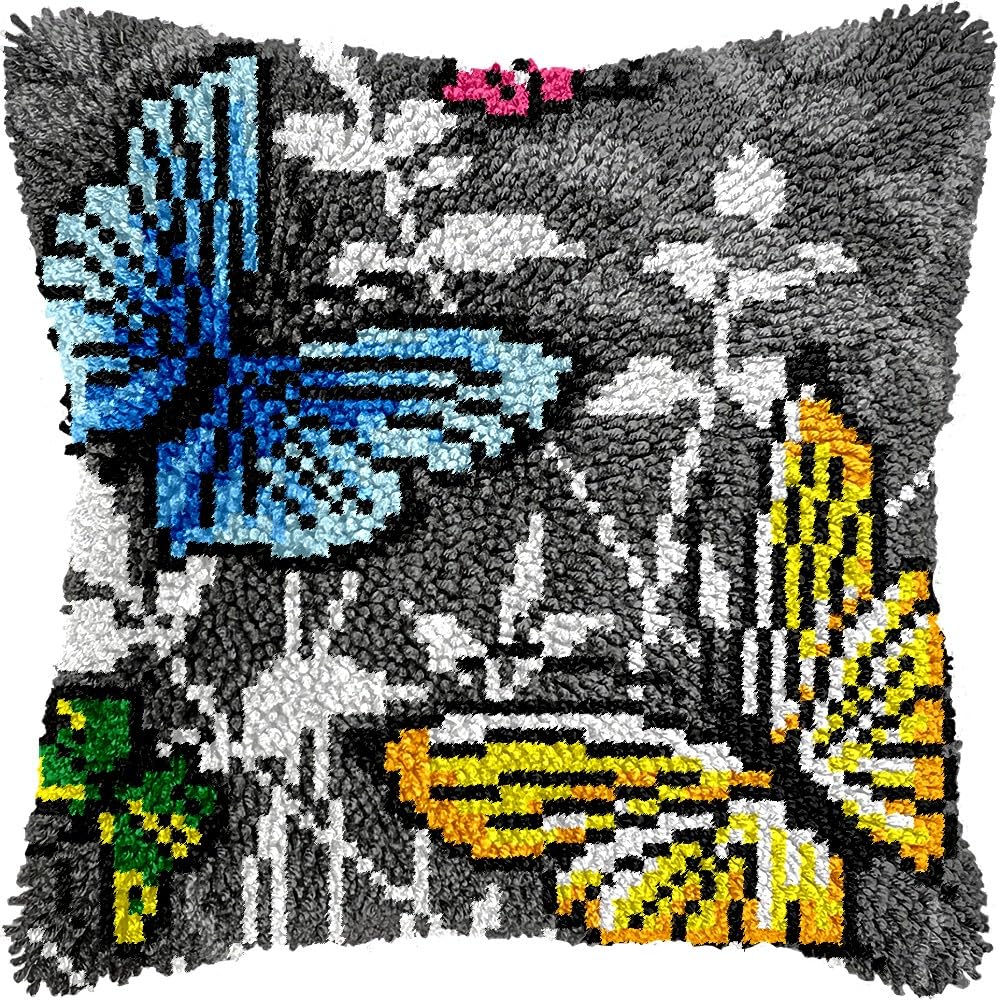 Butterflies Latch Hook Pillow Kits for DIY Throw Pillow Cushion Embroidery Latch Hooking Pillowcase Kits with Preprinted Canvas Crochet Yarn Kits for Home Decor 17''X 17''(d172)
