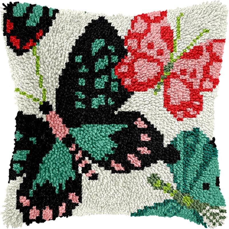 Butterflies Latch Hook Pillows Kits Cushion Pillow Cover with Pattern Printed Canvas Sofa Hooking Pillowcase Crafts Embroidery Latch Hooking Crochet Kits Set 17x17 inch(1)