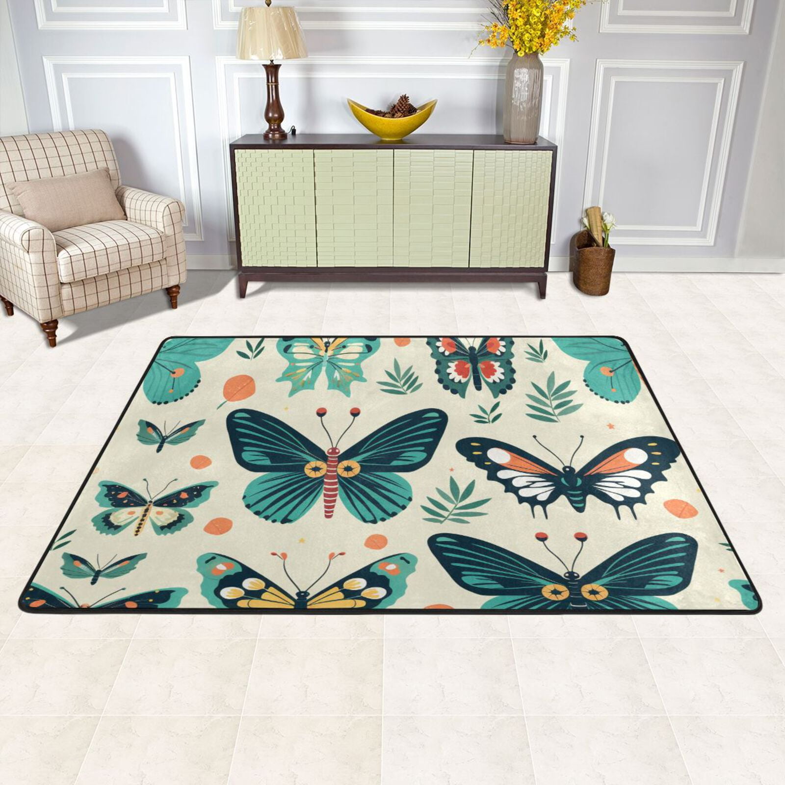 Butterflies Leaves Green Area Rug Washable 72 x 48 Floor Carpet Mat Non ...