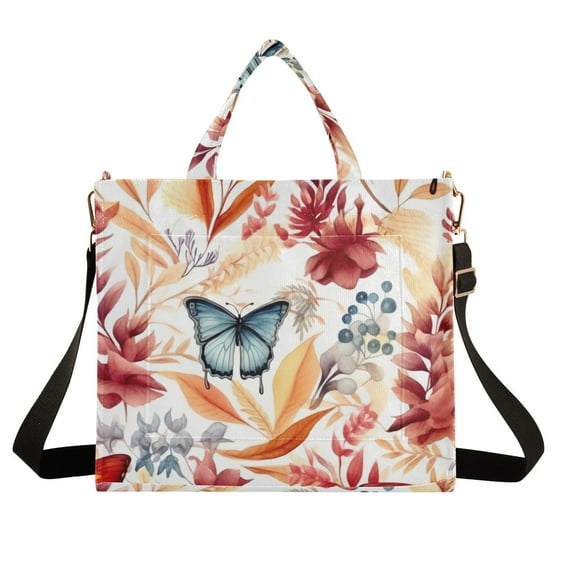 Butterflies Leaves Orange Corduroy Tote Bag Handbag Large Messenger Bag Shoulder Crossbody Zipper Bag Purse