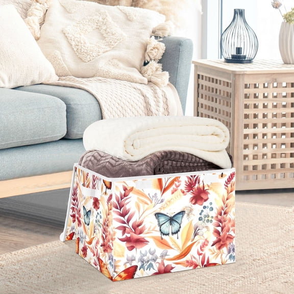 Butterflies Leaves Orange Storage Basket Foldable Laundry Basket Shelf Kids Toy Storage Container Organizer with Handles