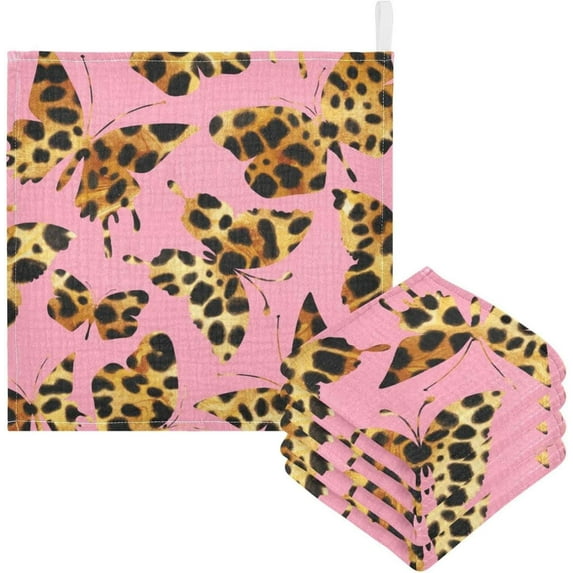 Butterflies Leopard Cheetah Panther Skin Textured Baby Muslin Washcloths Soft Absorbent Face Towel, Watercolor Pink Burp Cloths Cotton Bath Wipes 5 PCS Infant Wash Cloth for Newborn Boys Girls 12x12
