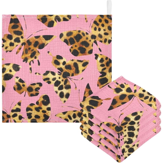 Butterflies Leopard Cheetah Panther Skin Textured Baby Muslin Washcloths Soft Absorbent Face Towel, Watercolor Pink Burp Cloths Cotton Bath Wipes 5 Pack Infant Wash Cloth for Newborn Boys Girls 12x12