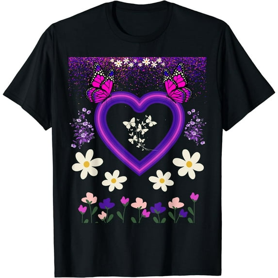 Butterflies Lovers Butterfly Fly On Hearts And Flowers T-Shirt Black Large