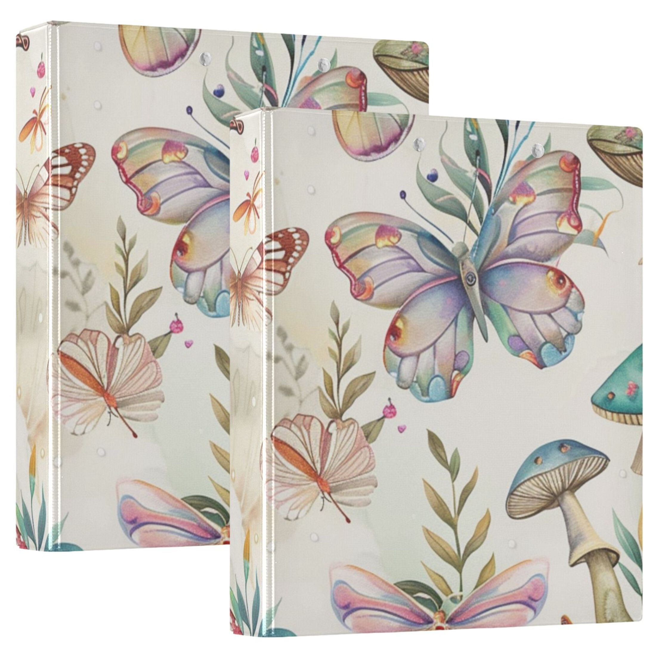 Butterflies Mushrooms 3 Ring Binders 1.5 inch Hardcover File Folders with Interior Pockets A4 Size Organizer for School Office Hospital