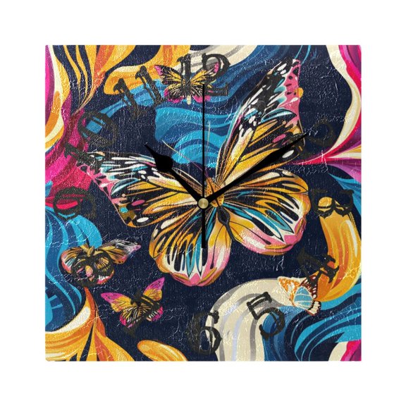Butterflies Painting Wall Clock Square Silent Non Ticking Battery Operated Clock for Home Bathroom Kitchen Bedroom Living Room