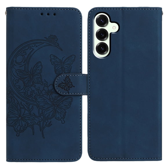 Butterflies Pattern Case Compatible with Samsung Galaxy A05, Vintage PU Leather Wallet Case Card Slots Kickstand Magnetic Closure Shockproof Flip Folio Book Case Cover Wrist Strap, Blue