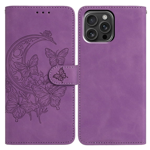 Butterflies Pattern Case Compatible with iPhone 11 Pro Max, Vintage PU Leather Wallet Case Card Slots Kickstand Magnetic Closure Shockproof Flip Folio Book Case Cover Wrist Strap, Purple