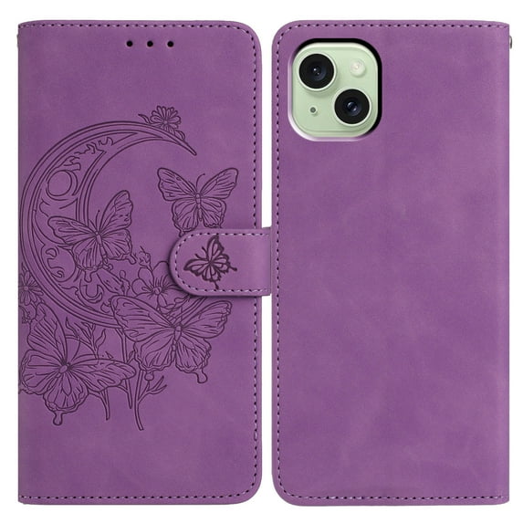 Butterflies Pattern Case Compatible with iPhone 14 Plus, Vintage PU Leather Wallet Case Card Slots Kickstand Magnetic Closure Shockproof Flip Folio Book Case Cover Wrist Strap, Purple