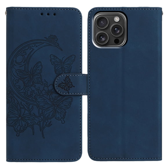 Butterflies Pattern Case Compatible with iPhone 15 Pro Max, Vintage PU Leather Wallet Case Card Slots Kickstand Magnetic Closure Shockproof Flip Folio Book Case Cover Wrist Strap, Blue