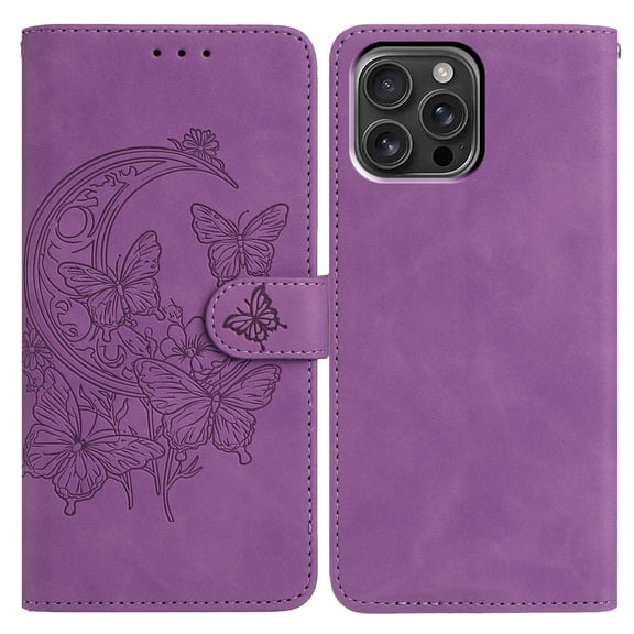 Butterflies Pattern Case Compatible with iPhone 16 Pro Max, Vintage PU Leather Wallet Case Card Slots Kickstand Magnetic Closure Shockproof Flip Folio Book Case Cover Wrist Strap, Purple