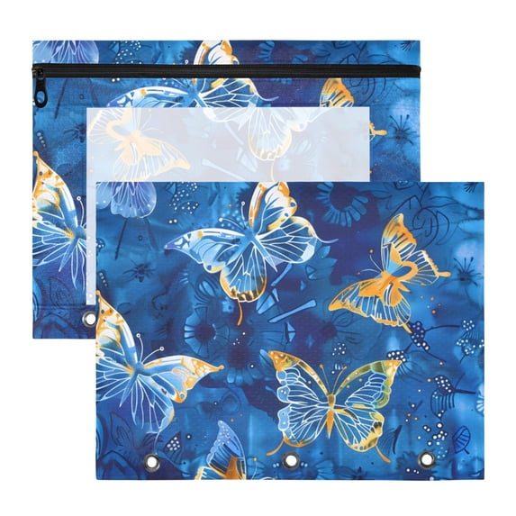 Butterflies Patterns Batik Dye 3-Ring Binder Pouches A4 Size Zipper Pocket File Storage 2 Packs