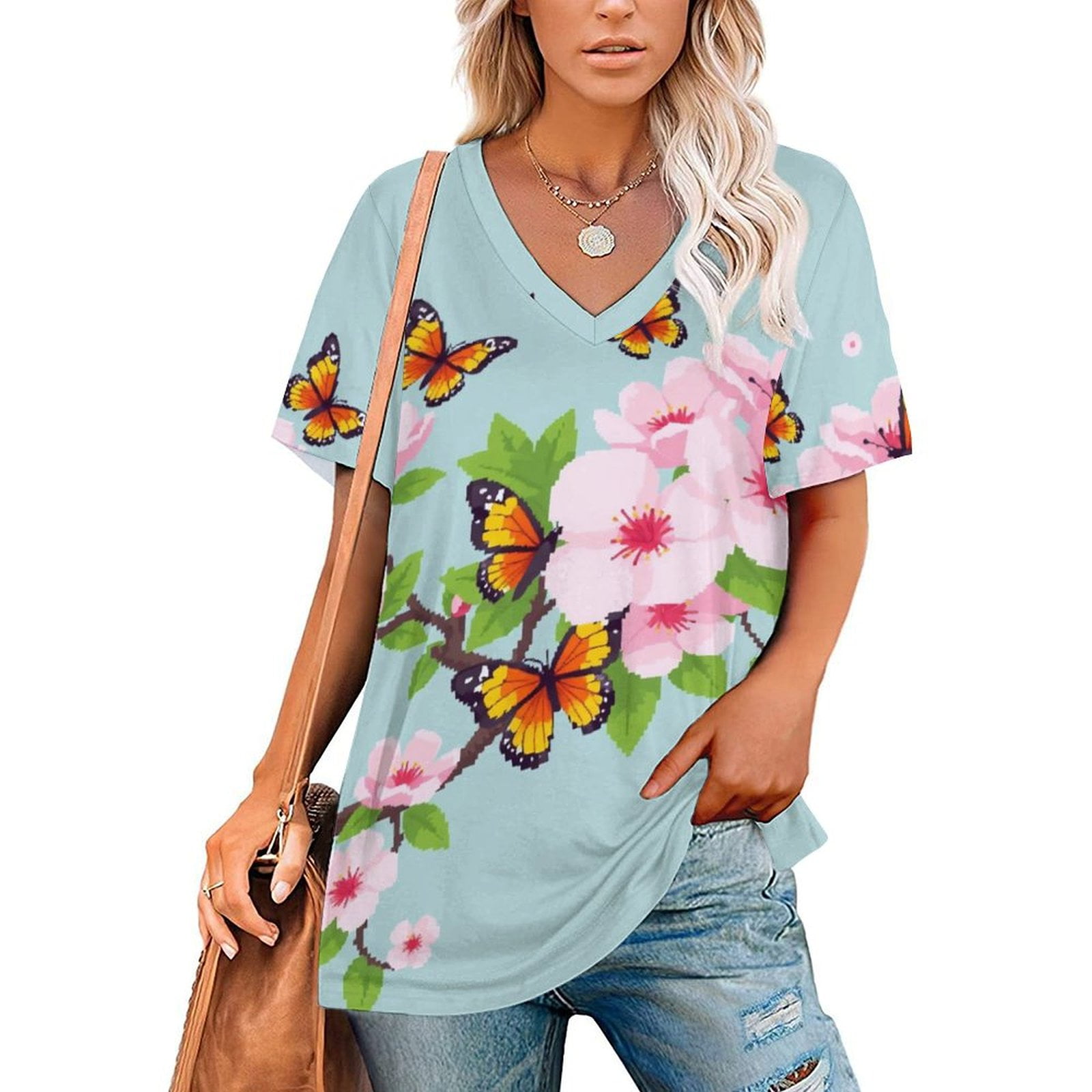 Butterflies Pink Blossoms Spring Summer T-shirts Women T Shirt Tops ...