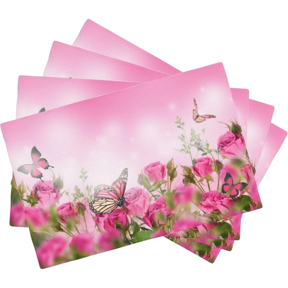 Butterflies Placemats Set of 4,Pink Roses Garden Placemats Dining Table Mat Set,12x18 Washable Stain Resistant Wipeable Cloth Placemat for Kitchen Buffet Parties
