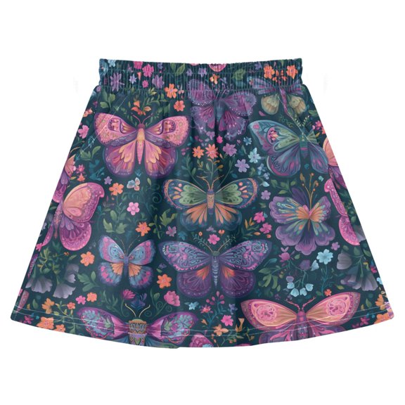 Butterflies Print Cotton Skirt Built-in Liner Elastic A-Line Flared Skirt with Pockets