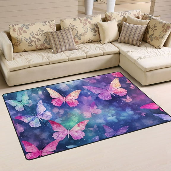 Butterflies Purple Area Rug Washable Floor Carpet Mat 60 x 39 inch for Bedroom Living Room Kids Room Home Decor