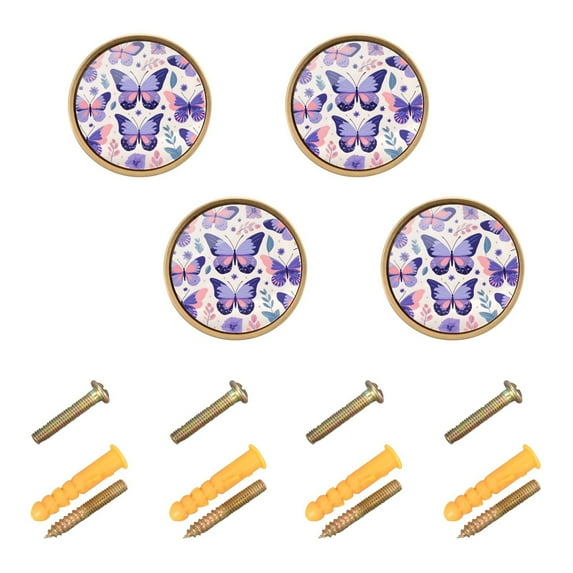 Butterflies Purple Cabinet Knobs Kitchen Drawers Knobs Door Round Pulls Knob Handles Dresser Cupboard Wardrobe Decorative Set of 4