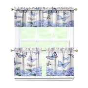 Butterflies and Purple Hydrangeas 3-Piece Kitchen Curtains Set Kitchen Curtains Sets with Valance for Windows Rod Pocket Machine Washable Kitchen Decor Decorations 54"x18"+2x27.5"x24"