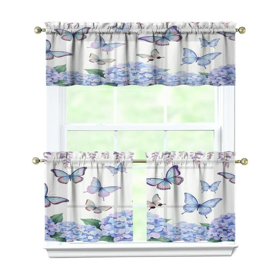 Butterflies and Purple Hydrangeas 3-Piece Kitchen Curtains Set Kitchen Curtains Sets with Valance for Windows Rod Pocket Machine Washable Kitchen Decor Decorations (54"x18"+2x27.5"x24")