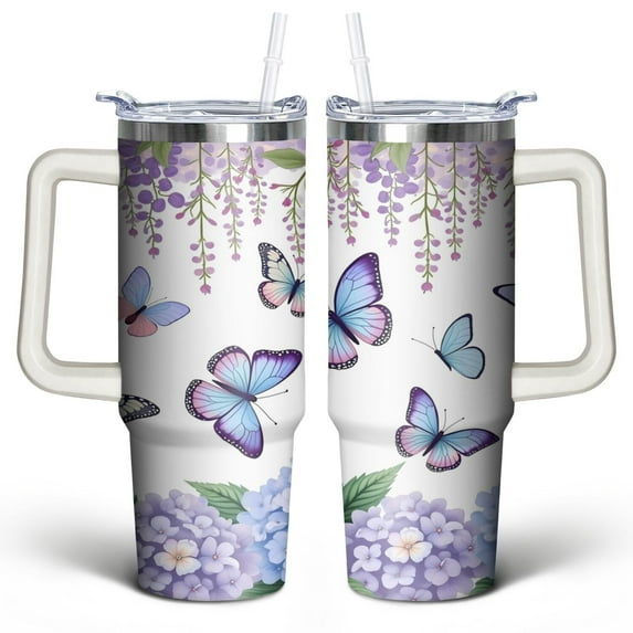 Butterflies and Purple Hydrangeas 30 Oz Tumbler with Handle Lid and Straw, Stainless Steel Double Walled Vacuum Insulated Cup, Cute Birthday Gifts Tumbler for Women Men Friends