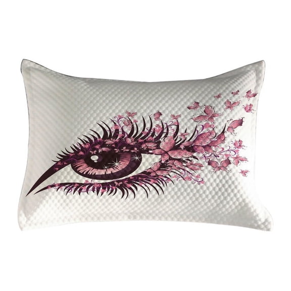 Butterflies Quilted Pillowcover, Female Eye Eyelashes Mascara Stare Party Makeup Animal Print, Standard King Size Accent Pillow Cover for Bedroom, 36" x 20", Pale Pink Purple, by Ambesonne