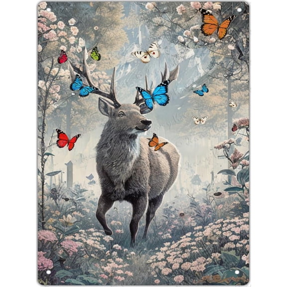 Butterflies Reindeer Wildlife Chic Shabby Tin Sign, Country Style, Floral Rustic Farmhouse Sign, Decorative Metal Sign For Bedroom Bathroom Kitchen Man Cave Wall Decor 12x16 inches