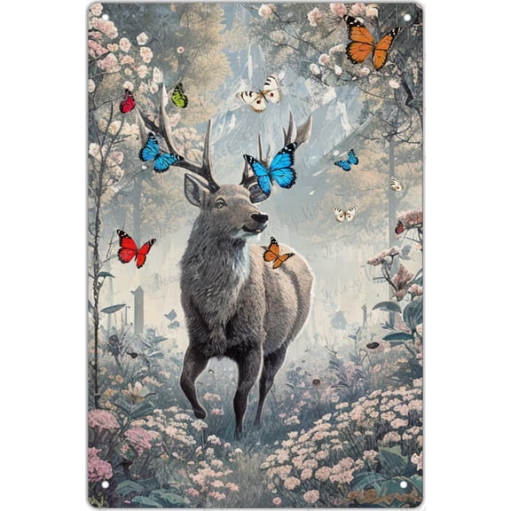 Butterflies Reindeer Wildlife Chic Shabby Tin Sign, Country Style, Floral Rustic Farmhouse Sign, Decorative Metal Sign for Bedroom Bathroom Kitchen Man Cave Wall Decor 12x8 inches