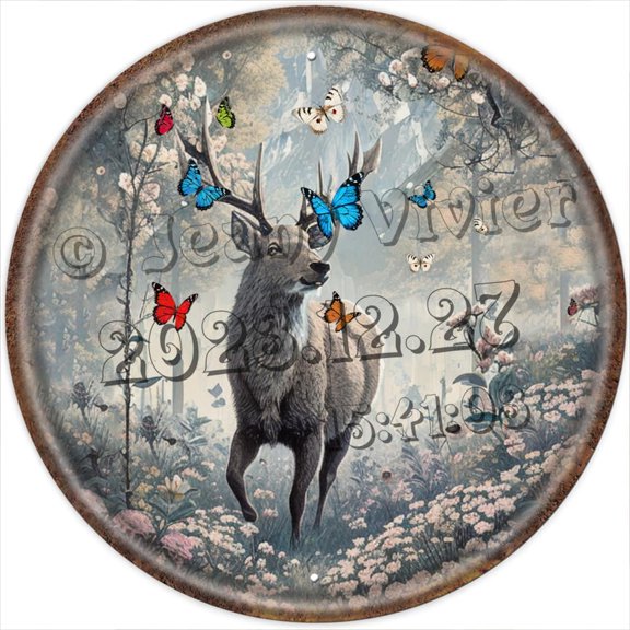 Butterflies Reindeer Wildlife Round Chic Shabby Tin Sign, Floral Rustic Farmhouse Sign, Decorative Metal Sign For Bedroom Bathroom Kitchen Man Cave Wall Decor 12x12 inches