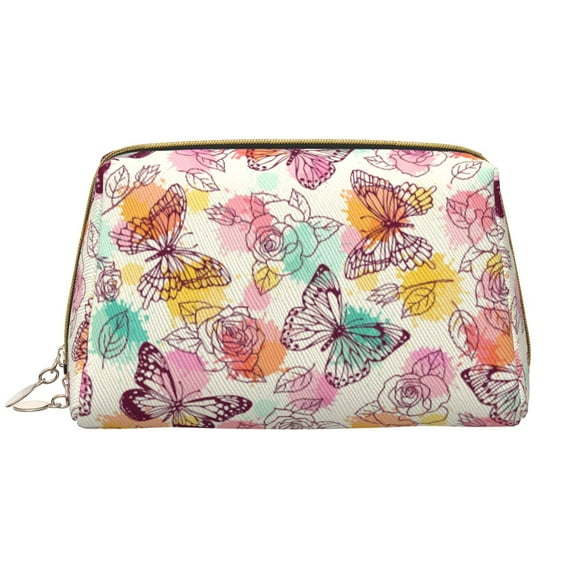 Butterflies and Roses Makeup Bag, Large Capacity Travel Cosmetic Bag for Women Girls- Travel Toiletry Bag Leather Portable Waterproof Makeup Case Organizer with Handle